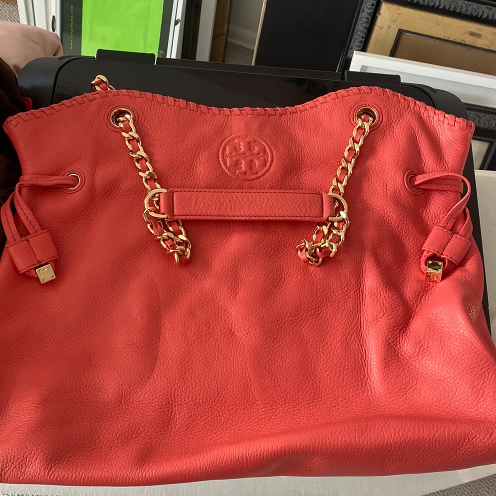 Tory Burch Marion Coral Red Slouchy Pebbled Leather Tote Bag  With chain straps
